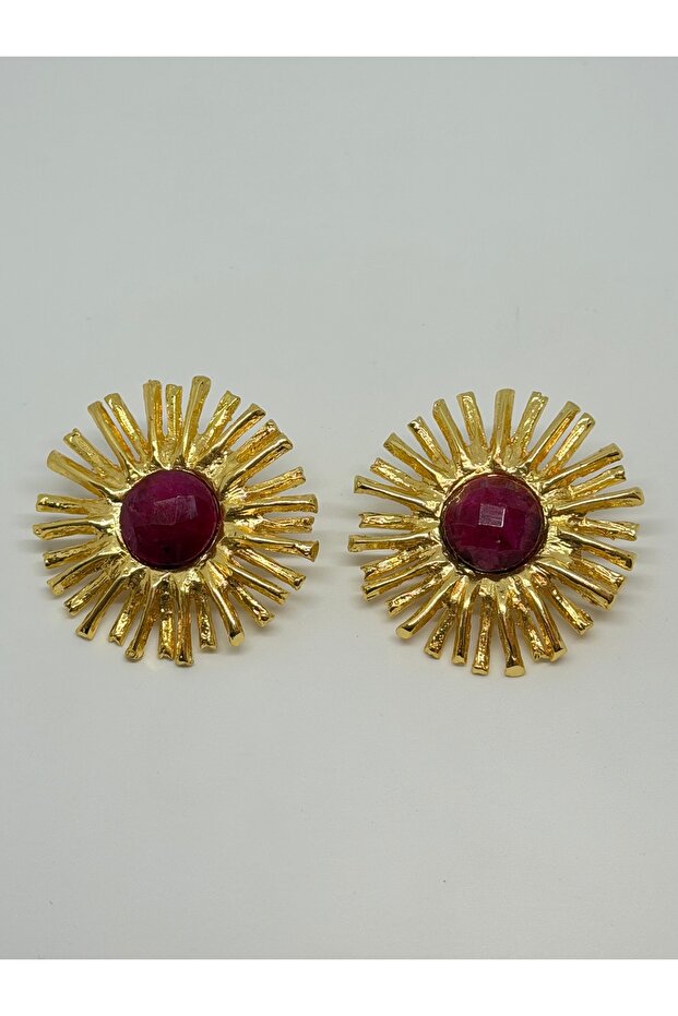 Gold Plated Sun Shaped Natural Stone Detailed Special Women's Earrings