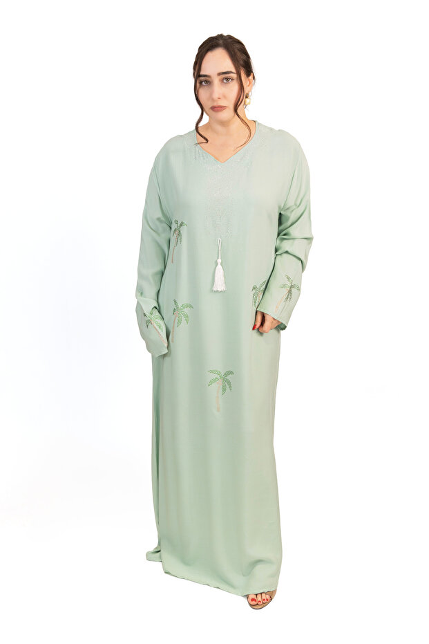 Light Blue Jalabiya with Palm Stone & Tassel Detailing