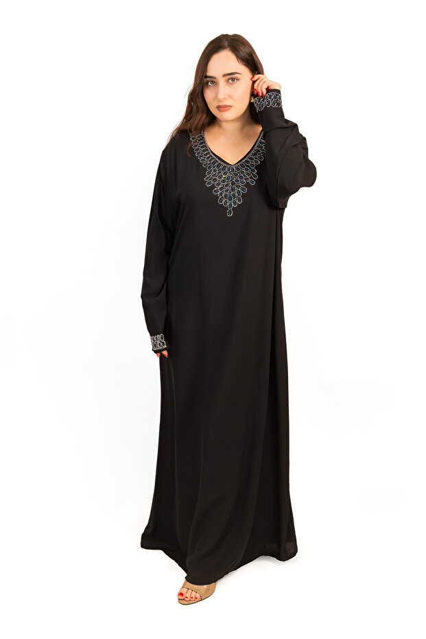 Black Cotton Rayon Jalabiya with Stone Embellished Neck