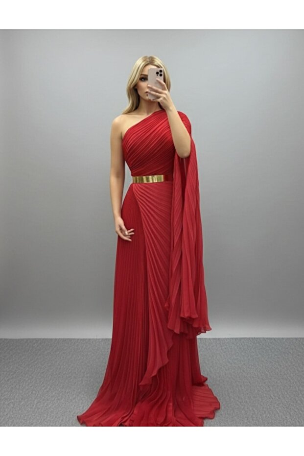Boynu Detachable Symmetrical Cut Pleated Waist Belted Long Evening Dress Red