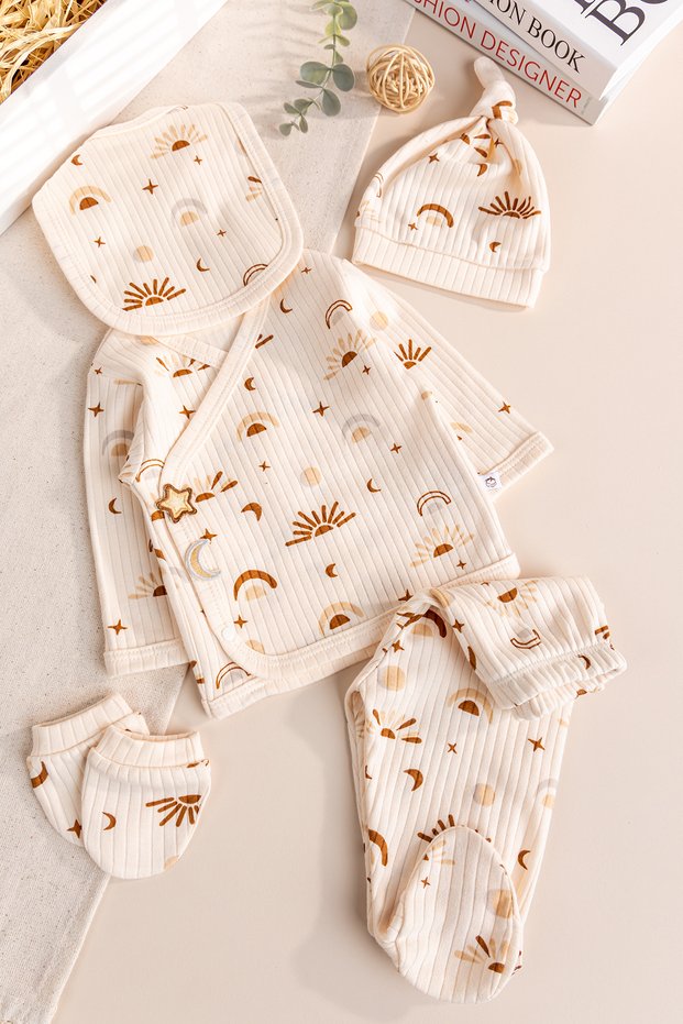 Sun Patterned 100% Cotton 5-Piece Baby Girl and Boy Hospital Release Newborn Set