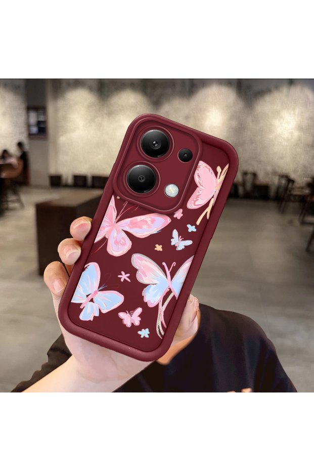 Redmi Note 13 Pro 4g Compatible Silicone Material Shockproof Claret Red Color Butterfly Pattern Case