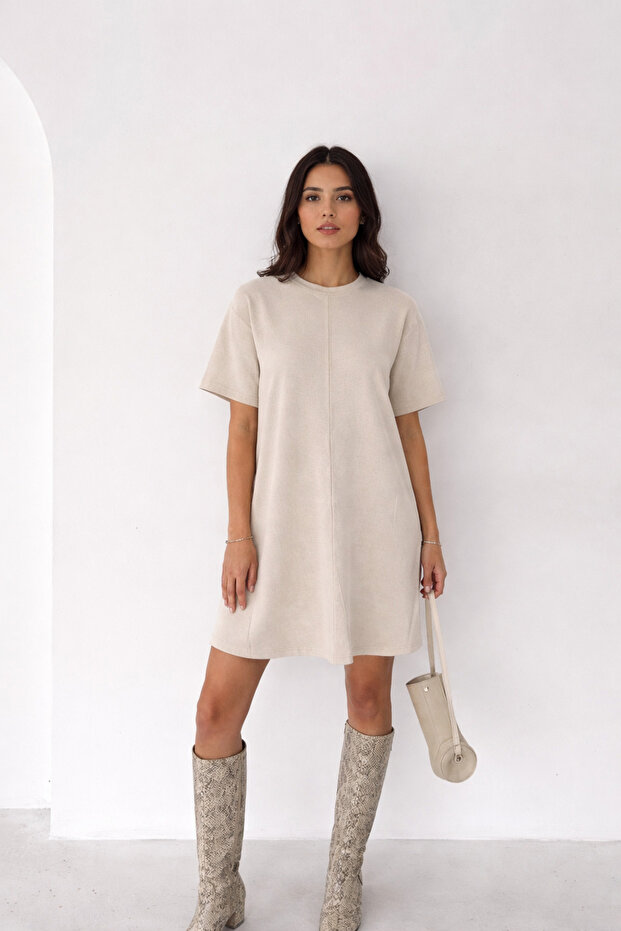 Kısa Kollu Basic Ön Çima Detaylı Elbise - 1