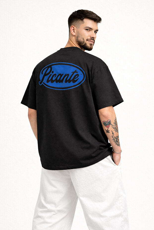 Unisex Women's and Men's Picante Blue Front and Back Printed Oversize Thick Fabric Relaxed Cut Cotton T-Shirt