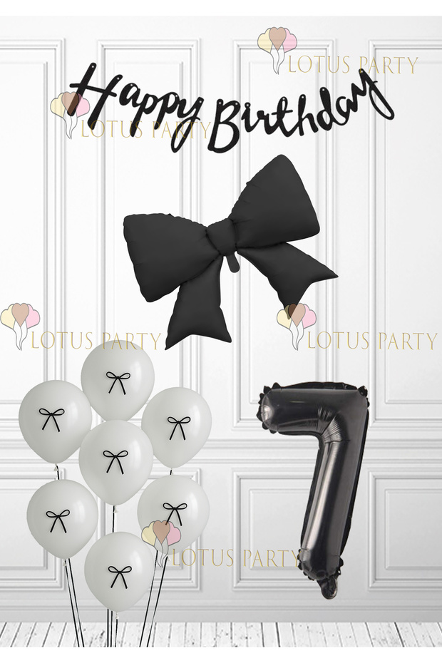 Black Ribbon Birthday Set Black Ribbon Balloon Black Number Balloon White Balloon with Black Ribbon Age 7