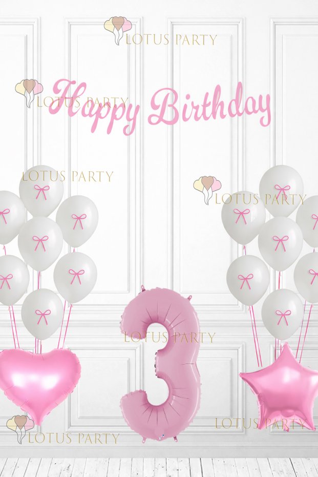 Pink Ribbon Balloon Pink Ribbon White Balloon Birthday Set with Ribbon Pink Heart Star 3 Years Old