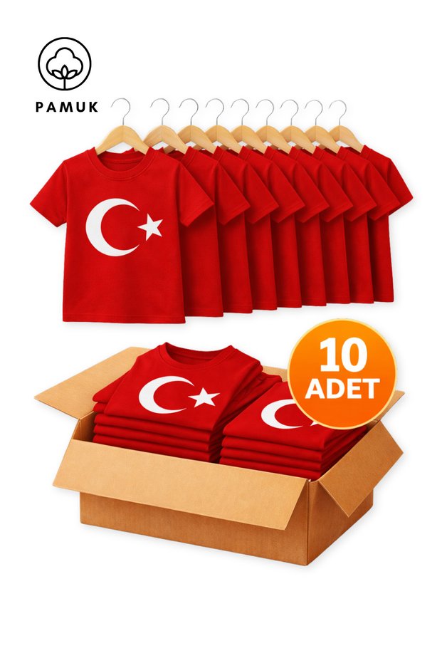 Set of 10 for Boys and Girls, Moon Star Turkish Flag Printed Short Sleeve Summer T-Shirt