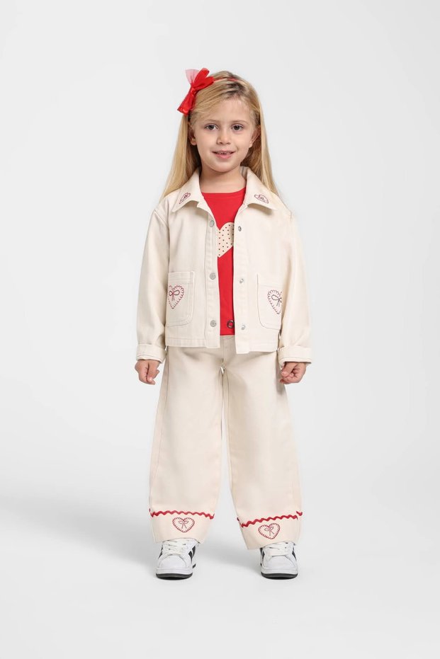 1-4 Heart Detail 3-Piece Denim Set Cream
