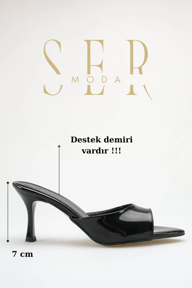Heeled Women's Slippers - 7 cm Thin Heeled Pointed Toe Women's Slippers Patent Leather Black
