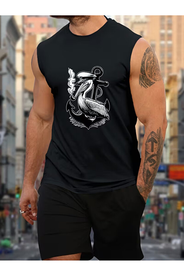Silatrend Men's Black Original Printed Oversize Cut Cotton Crew Neck Undershirt