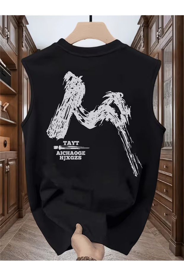 Silatrend Men's Black Original Printed Oversize Cut Cotton Crew Neck Undershirt