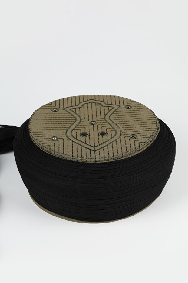 Namaz Sarigi - Black Fabric - Green Skullcap - Round Wrap - Nâli Şerif - 5 Meters (Züabeli)