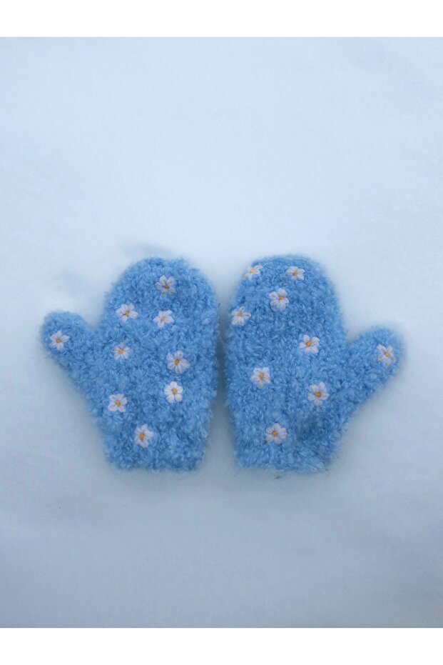 Çiçekli El Örgüsü Mavi Eldiven - 2