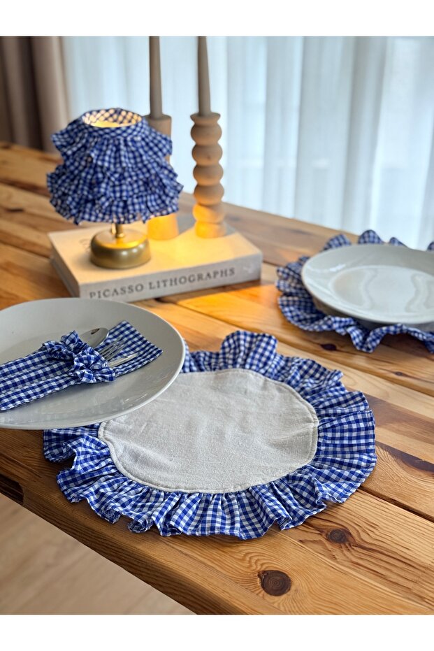 2Li Sea X Natural Linen Round Ruffle Detailed American Placemat/Supla Blue Checkered