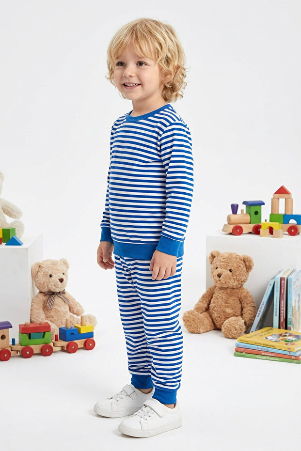 Boy's Blue Striped Cotton Pajama Set – Long Sleeve, Bottom and Top Set