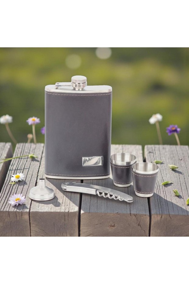 Leather Covered Stainless Steel Flask Shot Glass & Opener Set 9 oz 270 Ml. Outdoor Flask