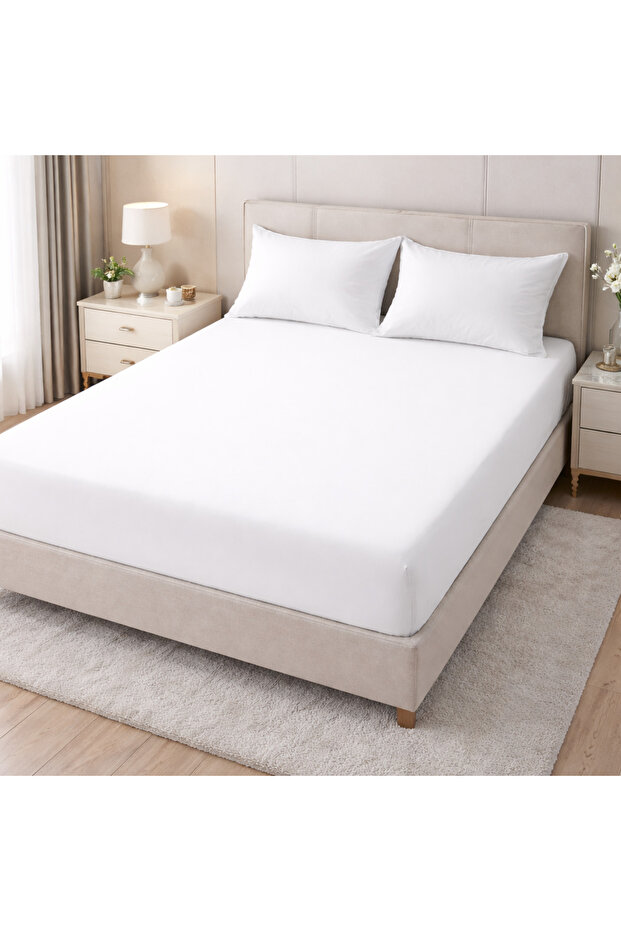 White Elastic Bed Sheet Set 160X200 / 180X200 – Double Size, 100% Cotton, 30cm Corner Depth