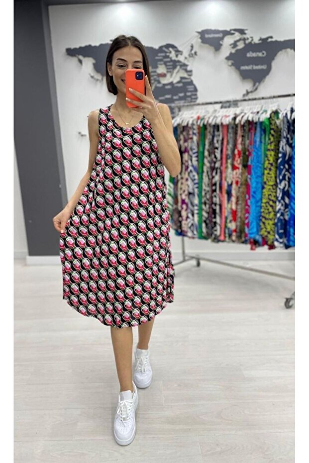 Women's Black Patterned Sleeveless Midi Dress