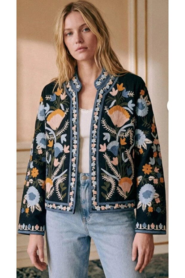 Women's Black Floral Embroidered Collarless Transitional Denim Pinterest Jacket