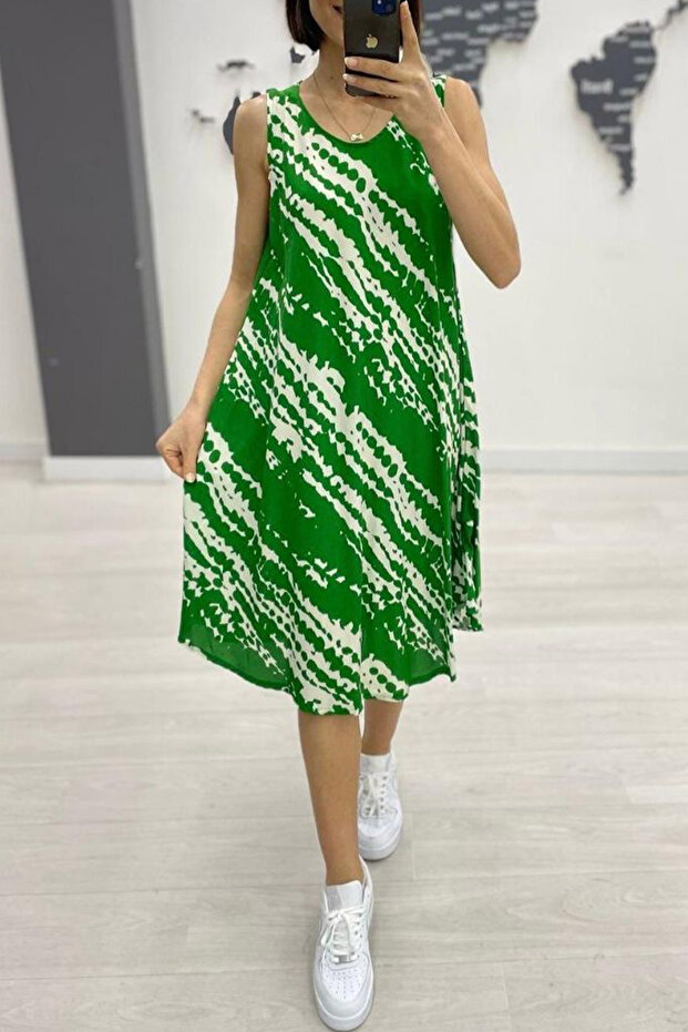 Women's Green White Patterned Sleeveless Midi Dress