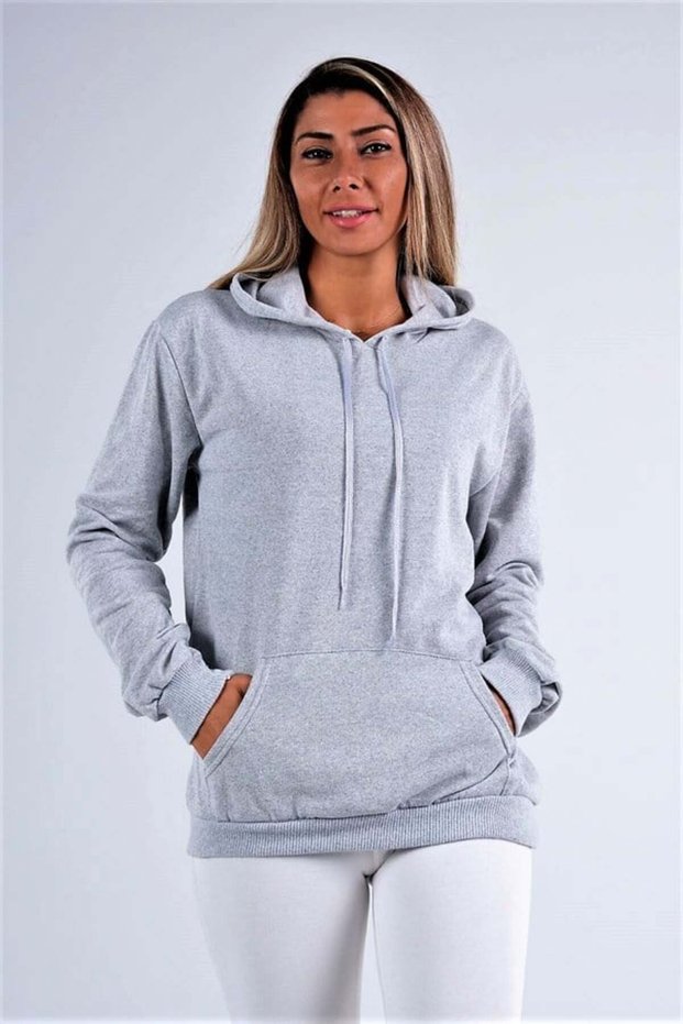 Gray Hooded Kangaroo Pocket Ribbon Sweatshirt
