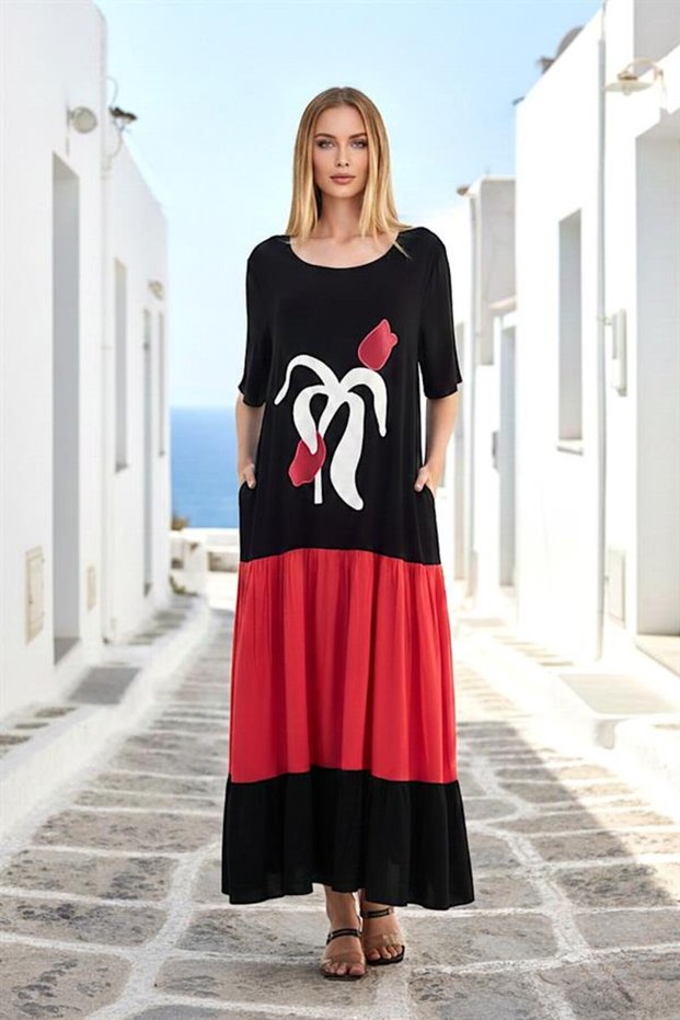 Red and black trimmed boat neck short sleeve appliqued tulip embroidered long dress