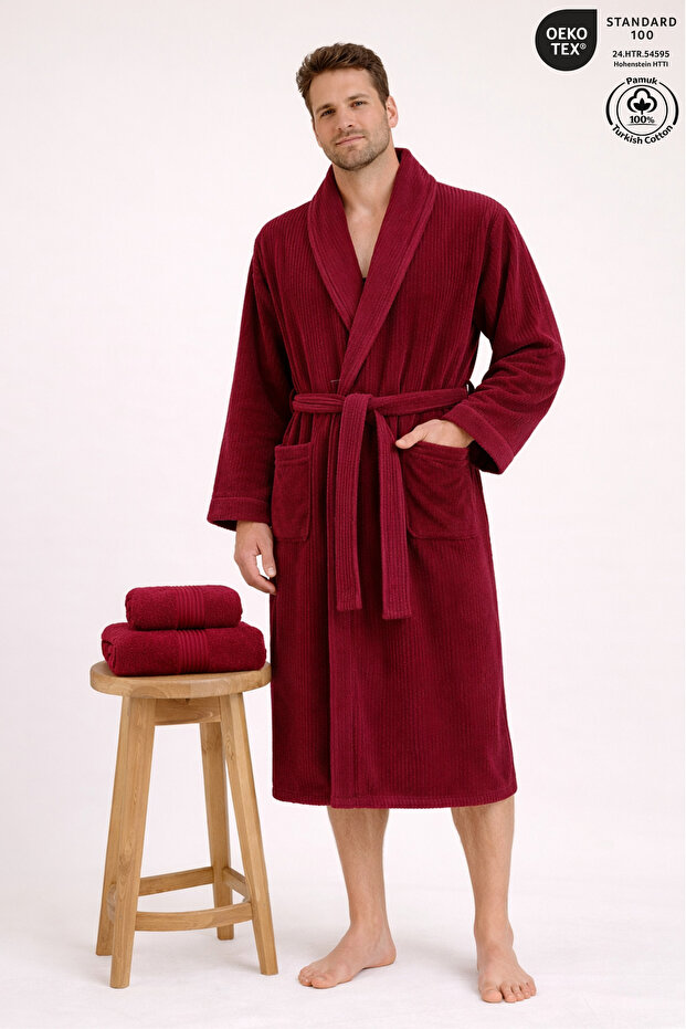 Men's Bathrobe 100% Cotton Certified 3-Piece Shawl Collar Striped Burgundy Bathrobe and Towel Set