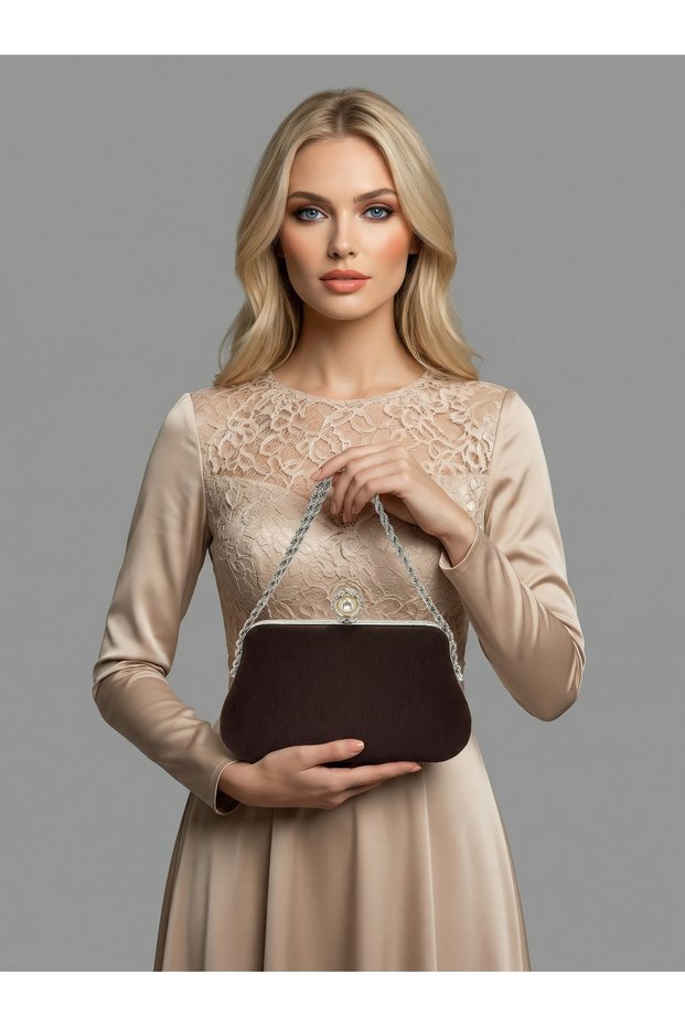 Brown Z.A.R.A. Satin Crystal Stone Embroidered Chain Women's Evening Dress Bag Wedding Engagement Graduation