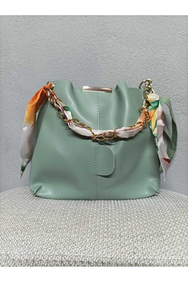Women's Soft Leather 3-Compartment Handbag, Shoulder Bag with Scarf and Chain Accessories
