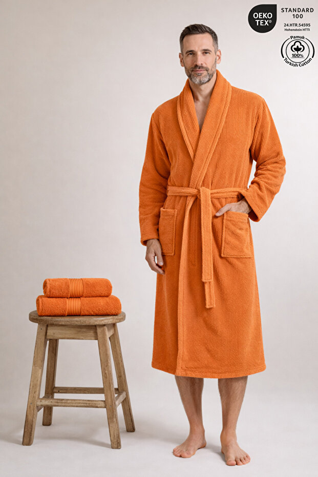 Men's Bathrobe 100% Cotton Certified 3-Piece Shawl Collar Striped Orange Bathrobe and Towel Set