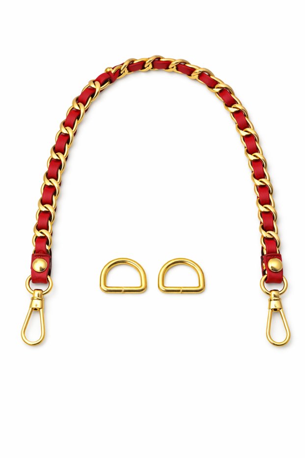 Red Leather Chain Bag Handle and Bag Front Decoration – with Gold Color Accessories – 45 cm