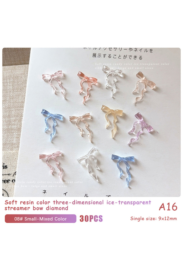 A16 30pcs Shiny Ice Transparent Ribbon Nail Charms Bow Tie Flatback Resin 3D Nail Art Decoration Par