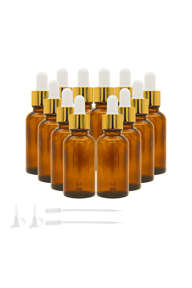 Glass 30ml Gold Set of 12, 1 oz Amber Dropper Bottles for Essential Oils, Perfumes with 2 Funnels &2