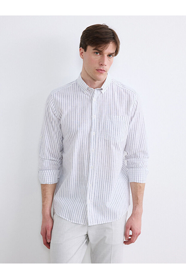 Nevavm Regular Fit Striped Men's Linen Blend Shirt with Difference