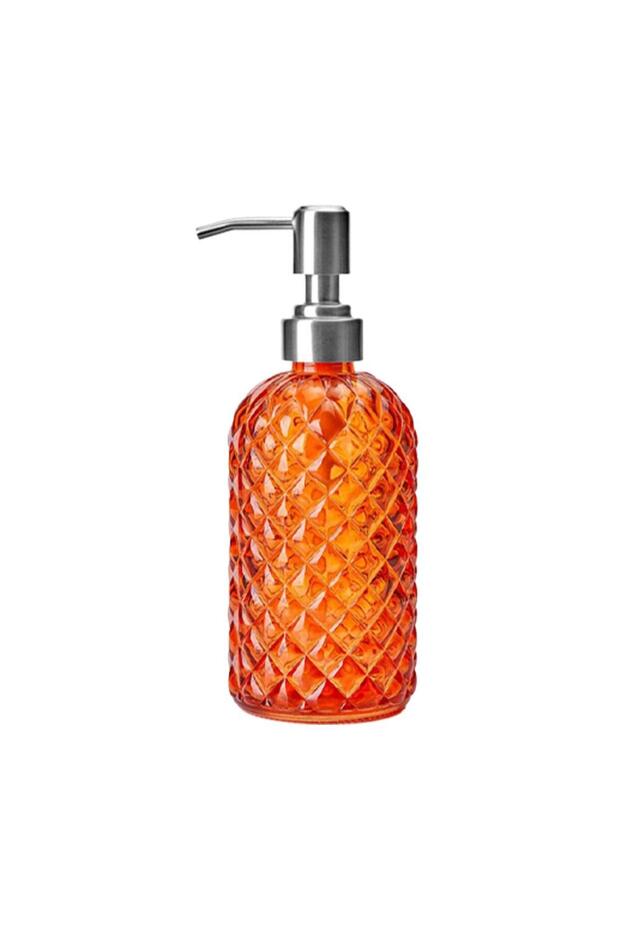 C 480ML Glass Soap Dispenser Rust Proof Stainless Steel Pump, Gem Patterned Refillable Hand Soap D.