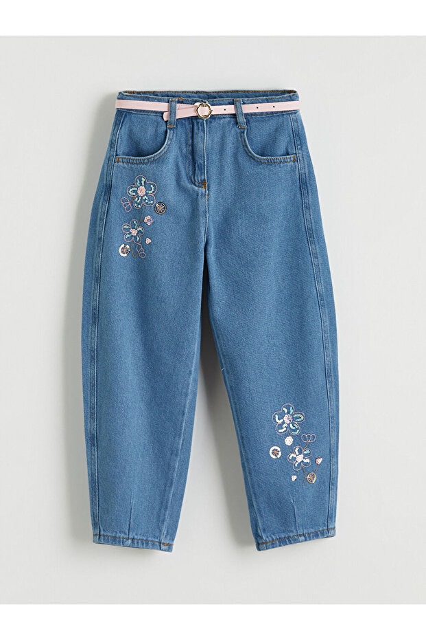 Blue balloon fit floral girl's jean pants