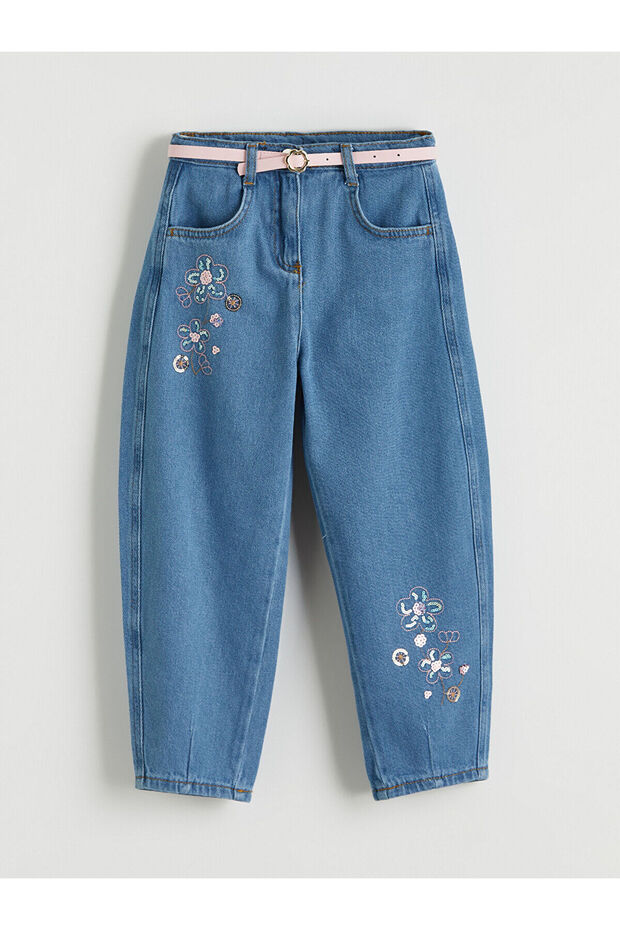 Vizyon New Season Balloon Fit Floral Embroidered Girls' Jean Trousers