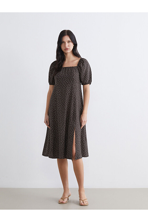 Square Neck Polka Dot Slit Dress