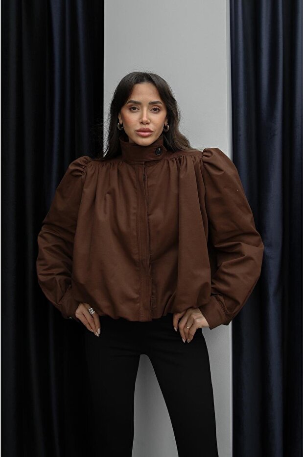 Brown Shoulder Detail Mock Neck Trench Coat