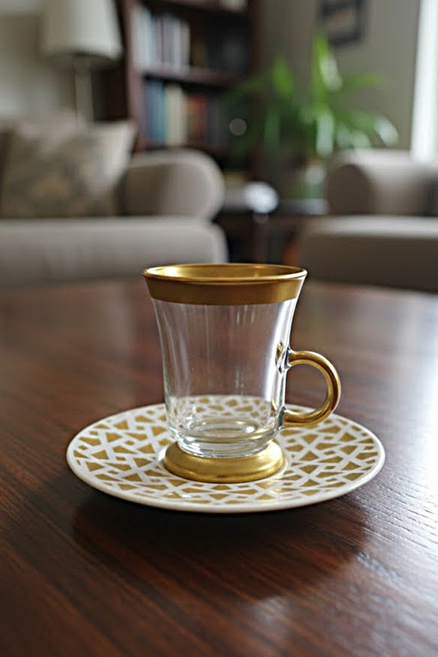Geo Gold Kuplu 12-Piece Tea Set - Luxury Set with Porcelain Plates