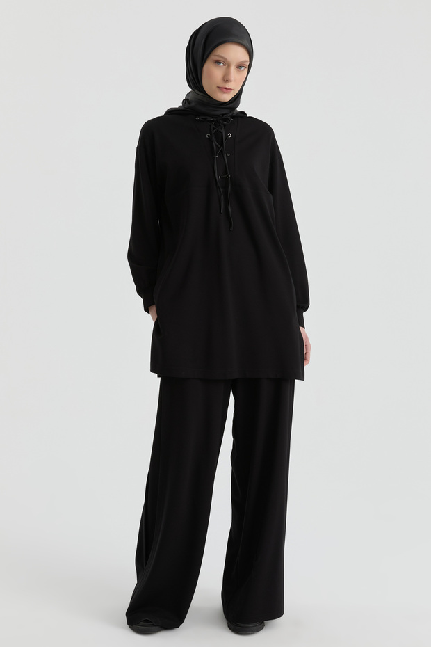 Aller Detaylı Örme Pantolon - Siyah - 1