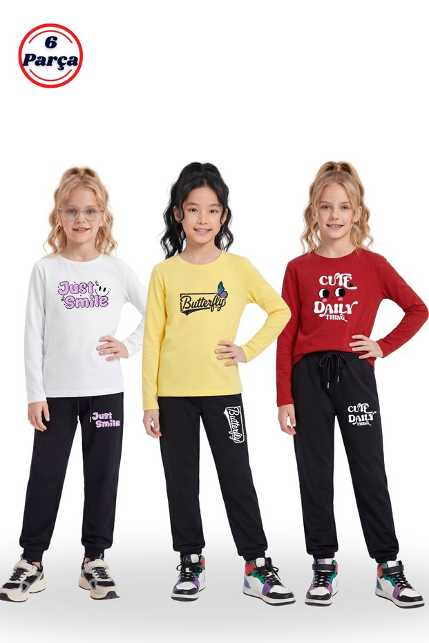 3-Piece Round Neck Sweatshirt Black Tracksuit with Print Detail 6-Piece Girls' Top and Bottom Set