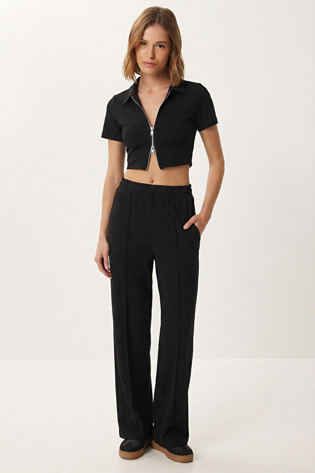 Zippered Crop Modal Top and Bottom Set Lby0047 Black