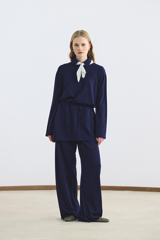 Polo Collar Slim Knitwear Tunic Trousers Set Navy Blue