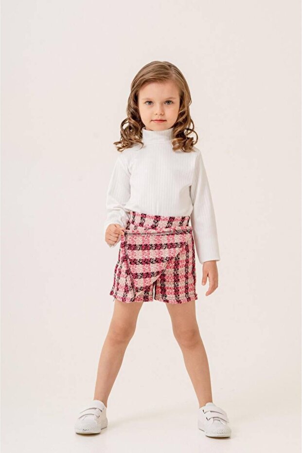 Girl's High-Neck Sweater Shorts Skirt Set Plaid Patterned 2-Piece Set-E-132-Jlb-063