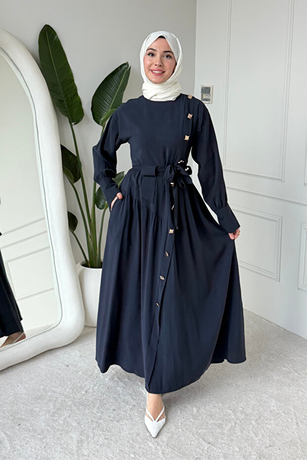 Penta Cupra Tansel Fabric Belted Hijab Dress - Navy Blue