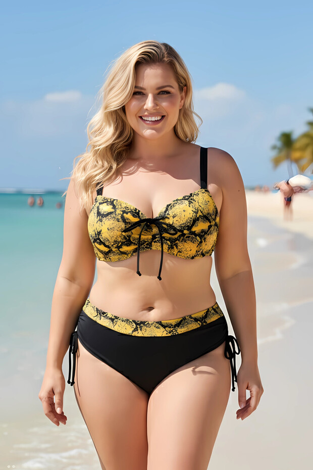 Women's Yellow Black Patterned Stone Embroidered Gathering Plus Size Bikini Set Hzl25S-Lc3333