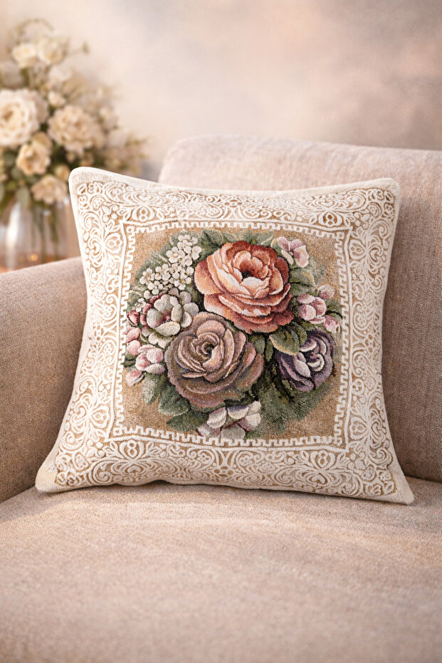 Tapestry Woven Floral Patterned Decorative Cushion Cover 45X45 cm (Buy 4 Get 1 35X90 Runner Gift)