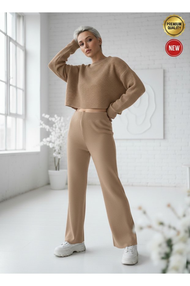 Women's Camel Milk Coffee Knitwear Trousers Single Bottom S-M-L Compatible Flexible One Size
