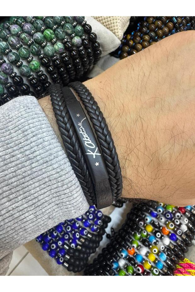 Ataturk Signature Detailed Genuine Leather Braided Men's Bracelet – Black, with Magnet Lock